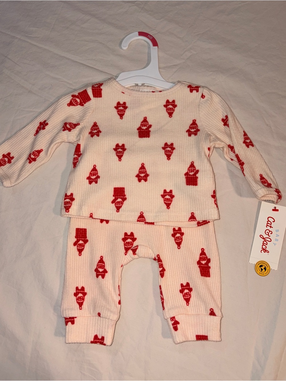 Cat & Jack Cream Ribbed Pajama Set with Red Holiday Print